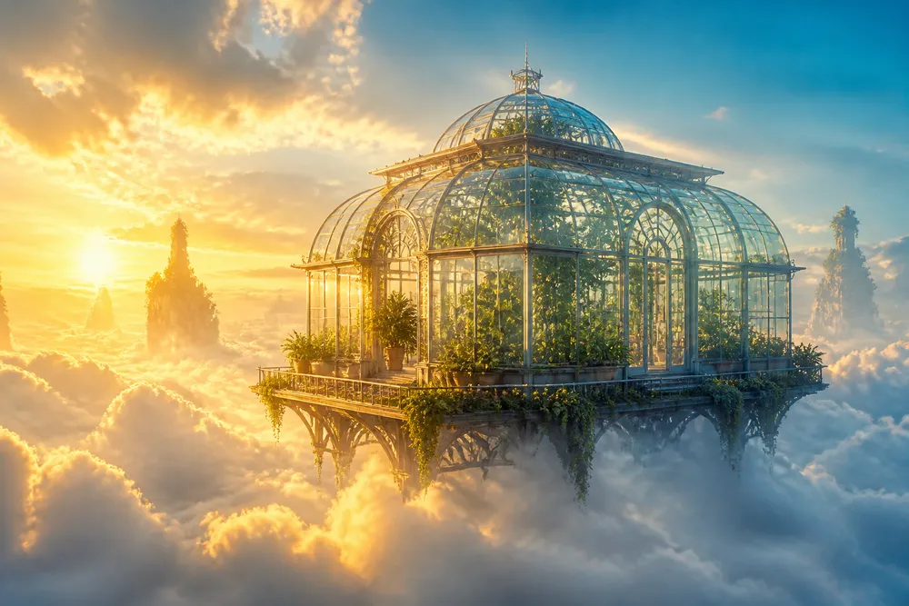 AI-generated glass greenhouse floating above clouds